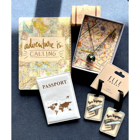 TRAVELER 5 Pc Gift Guided Journal Passport Cover Bag Tags Globe Necklace TRAVEL - Picture 1 of 10